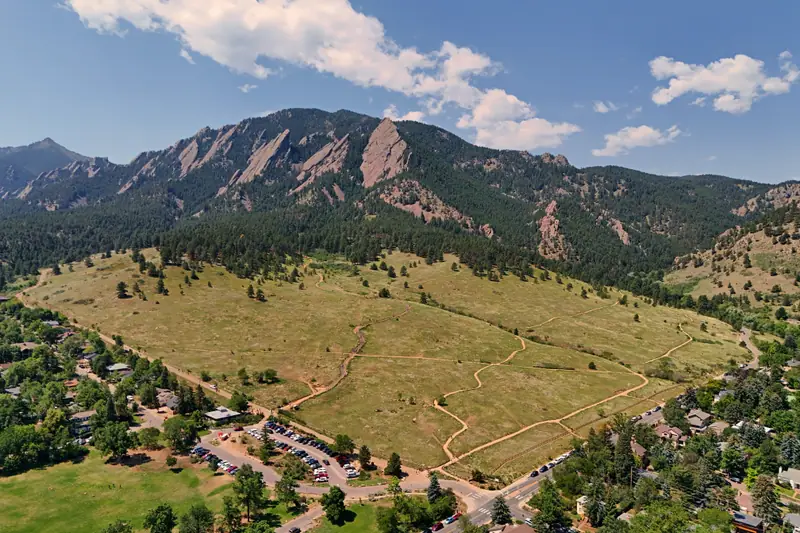 The Flatirons rock slabs above Chautauqua Meadow on the western edge of Boulder