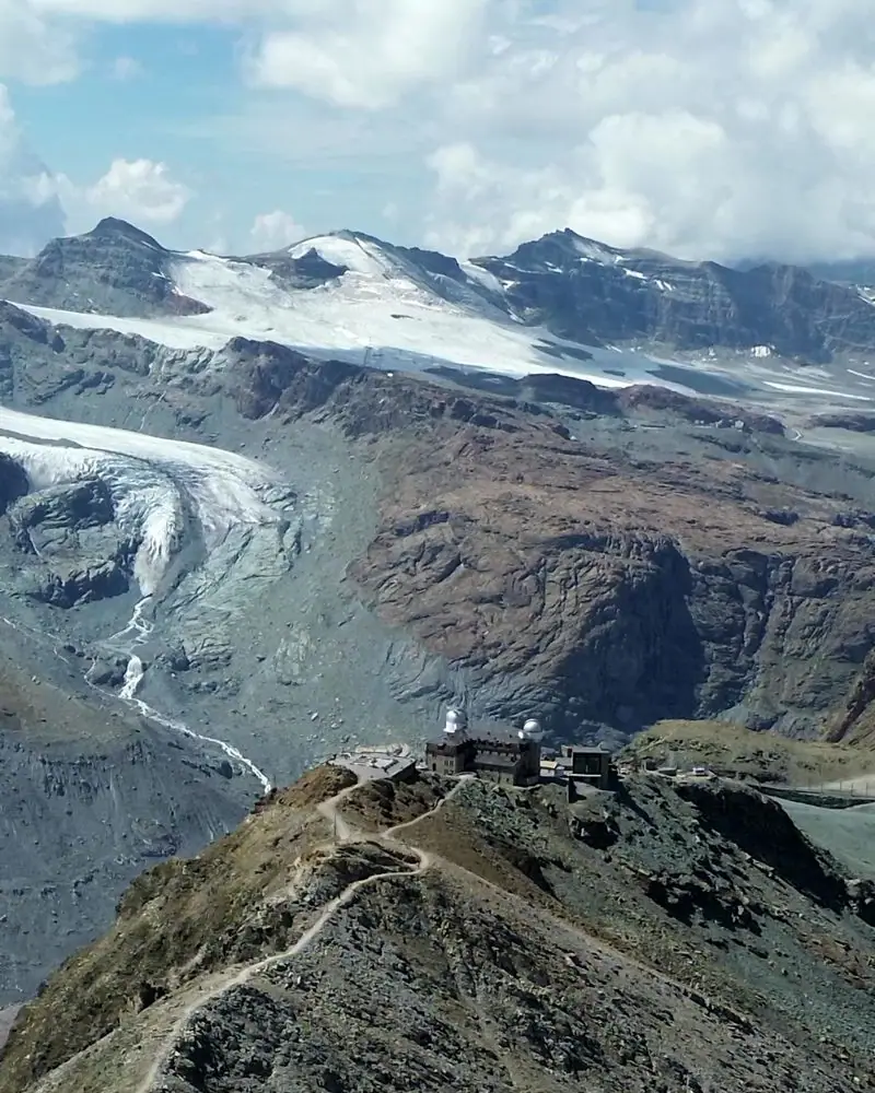 The Gornergrat summit station with observatory domes above the Gorner Glacier