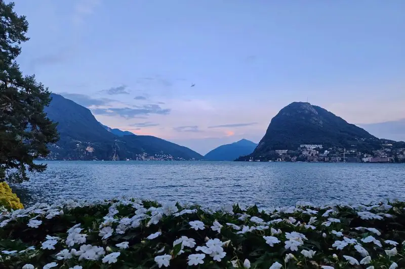 Lake Lugano at dusk with the pyramid of Monte San Salvatore across the water and lakeside flowerbeds in the foreground