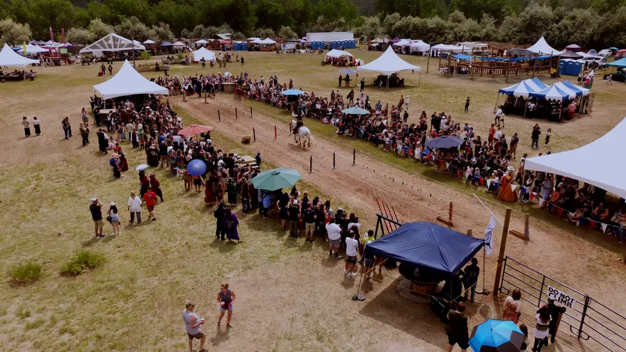 Wide aerial view of the whole tournament ground — tents, the jousting lists, the combat arena, and the festival crowd