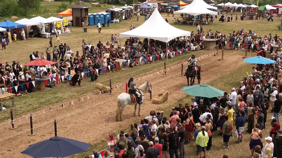 Two armored riders in the lists, the white horse in the foreground, crowds along both rails