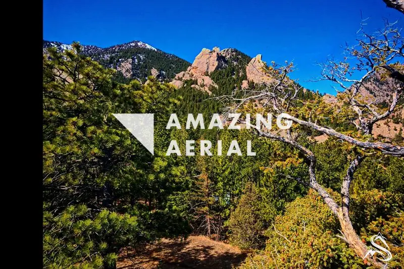 A tilted sandstone slab of the Flatirons rising from the pine forest against a blue sky
