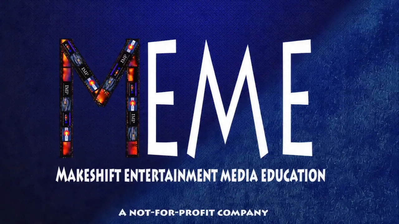 The MEME logo — a filmstrip-lettered M, on a deep blue textured ground.