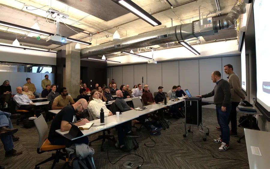 The PitchBoulder room at Galvanize, a full house watching a founder pitch