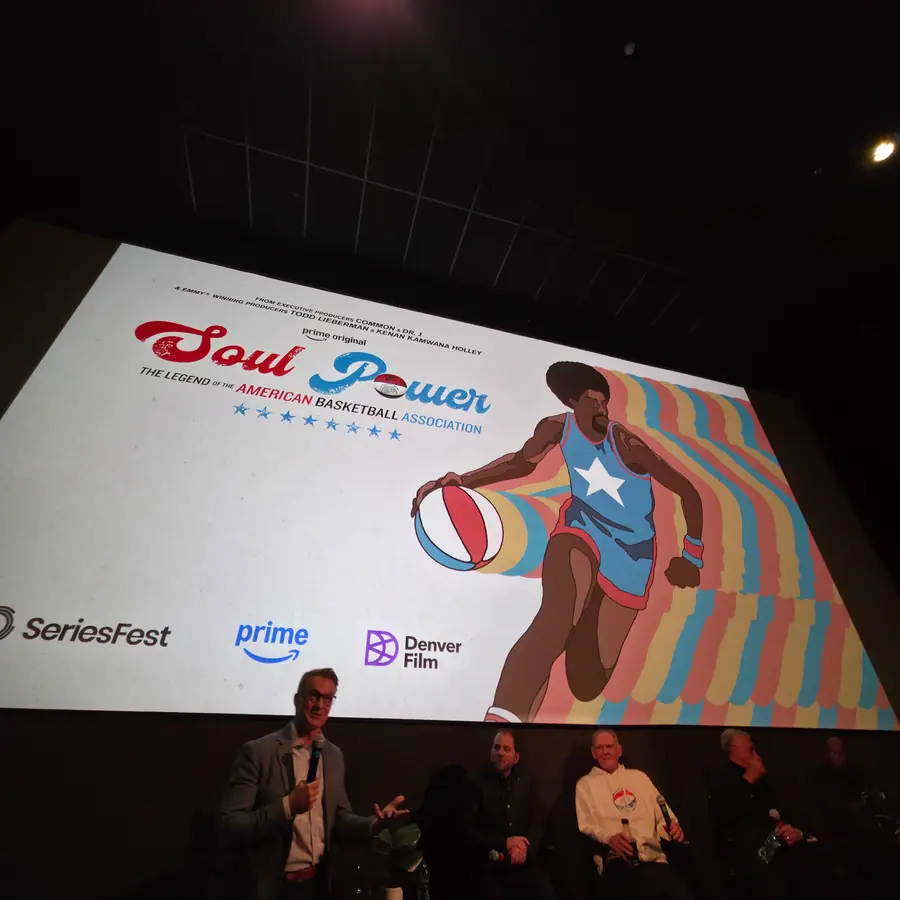 The Soul Power: The Legend of the American Basketball Association titlecard, the Q&A panel seated below it.