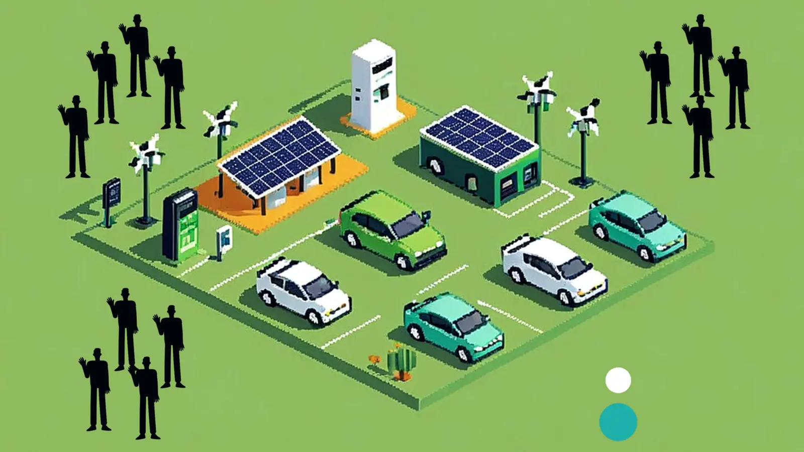 Motion-graphic frame from the solar-prize film — a cooperative clean-energy scene.