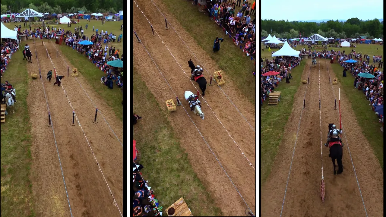 Overhead aerial triptych of full-contact jousting at the Colorado Medieval Festival