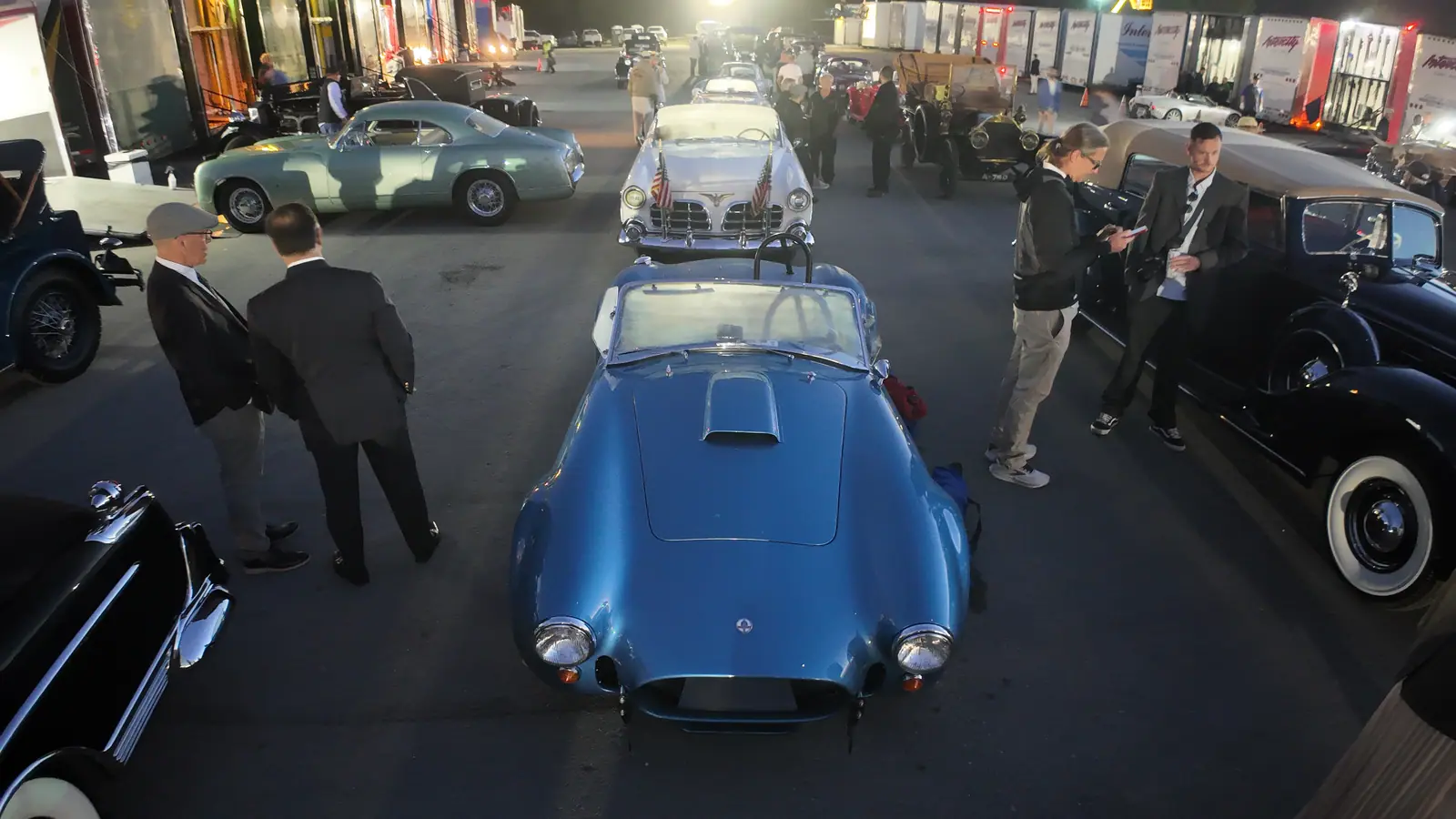 The Cobra in the pre-dawn staging paddock among other classic cars