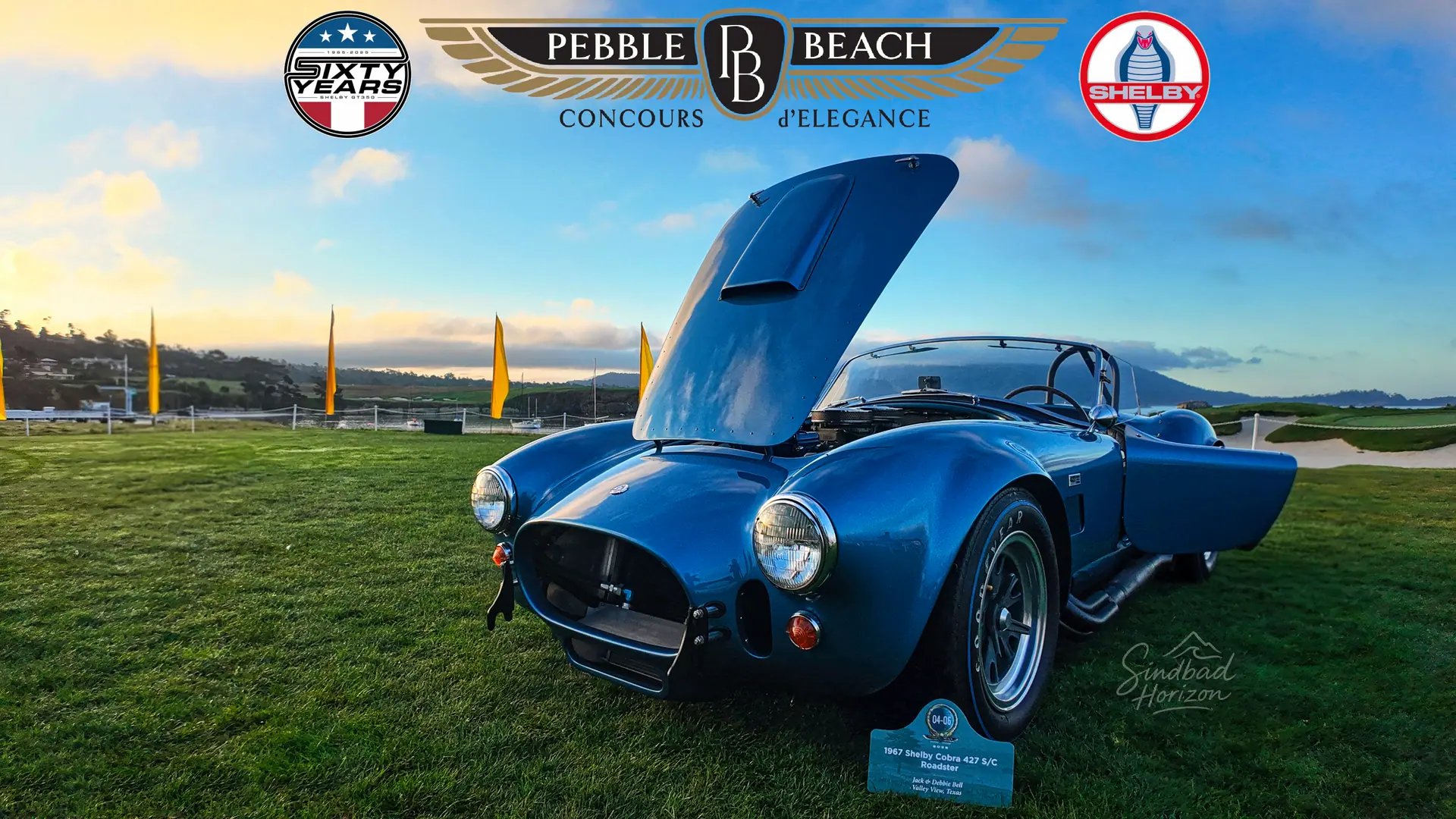 The restored blue 1967 Shelby Cobra 427, hood raised, on the show lawn at Pebble Beach